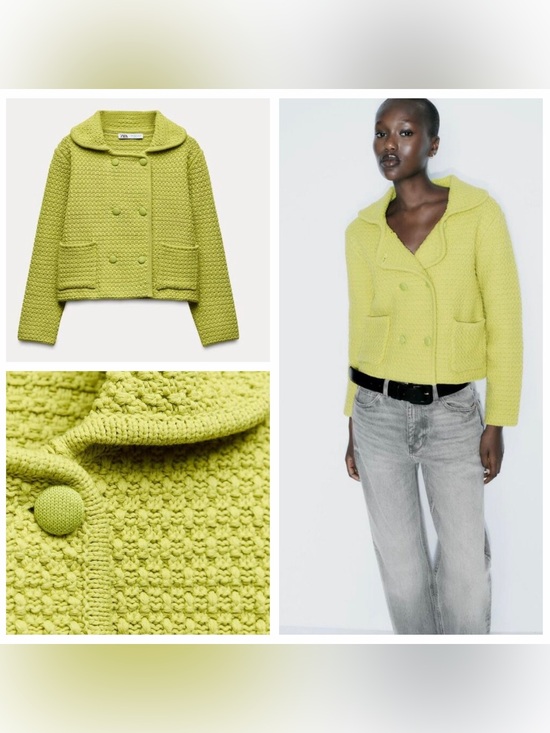 Zara Sweaters - Zara Chunky Knit Cardigan With Peter Pan Collar in Lime Green